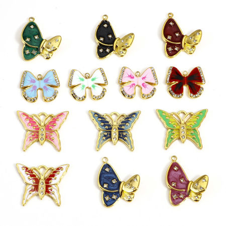 1 Stück 304 Edelstahl Insekt Charms Schmetterling Vergoldet Bunt Emaille Transparent Strass