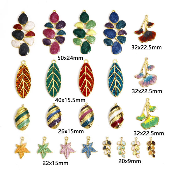 Picture of 304 Stainless Steel Pastoral Style Charms Gold Plated Multicolor Leaf Enamel
