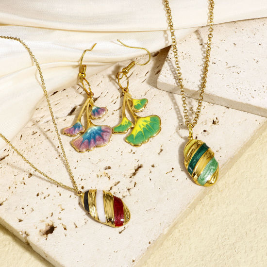 Picture of 304 Stainless Steel Pastoral Style Charms Gold Plated Multicolor Leaf Enamel