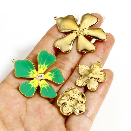 Picture of 304 Stainless Steel Pastoral Style Charms Gold Plated Multicolor Flower Enamel