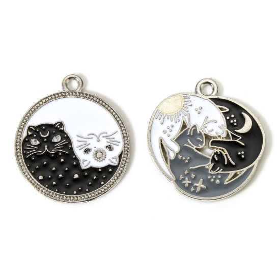 Bild von 10 Stück Zinklegierung Charms Silberfarbe Schwarz & Weiß Katze Sonne & Mond Emaille