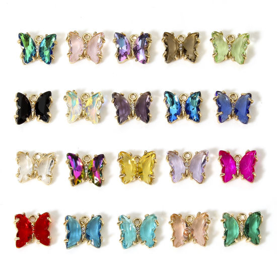 Bild von 5 Stück Messing + Glas Insekt Charms Vergoldet Bunt AB Farbe Schmetterling 12mm x 10mm                                                                                                                                                                        