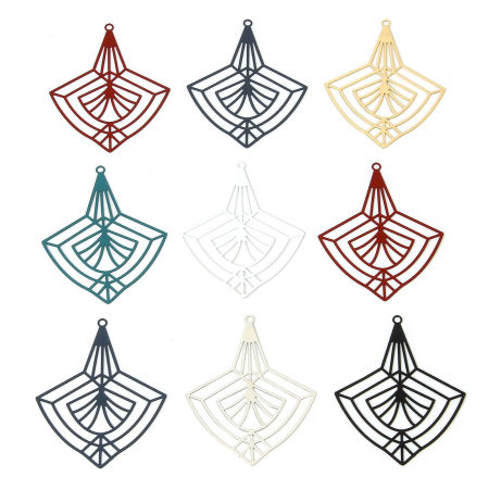 Immagine di 10 Pz Lega di Ferro Filigree Stamping Ciondoli Multicolore A Forma di Ventagli Pittura 5.1cm x 4cm