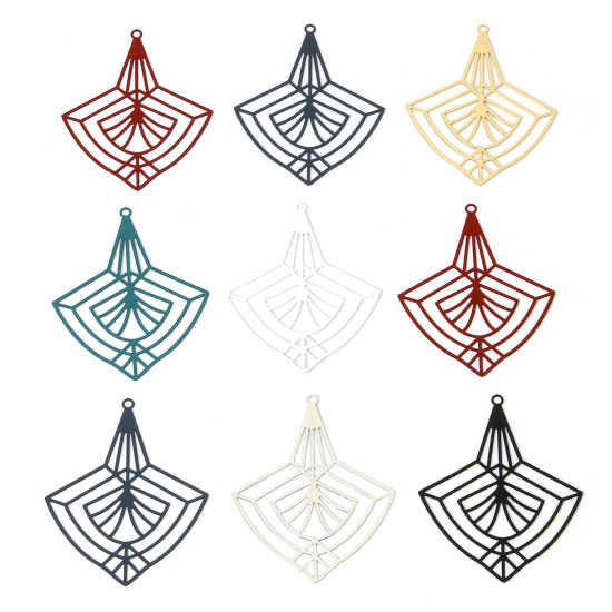 Image de 10 Pcs Pendentifs Estampe en Filigrane en Alliage de Fer Multicolore Eventail Laqué 5.1cm x 4cm
