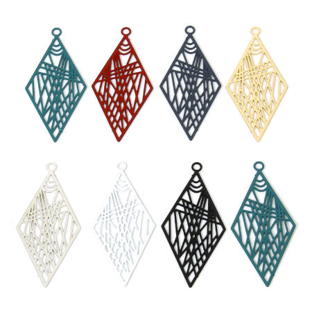 Immagine di 20 Pz Lega di Ferro Filigree Stamping Ciondoli Multicolore Rombo Pittura 3.3cm x 1.6cm