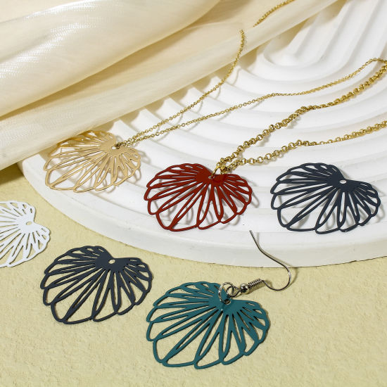 Picture of Iron Based Alloy Filigree Stamping Pendants Multicolor Monstera Leaf Painted 3.5cm x 3.2cm