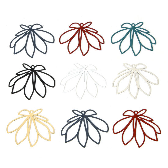 Image de 10 Pcs Pendentifs Estampe en Filigrane en Alliage de Fer Multicolore Feuilles de Fleur Laqué 3.6cm x 3cm