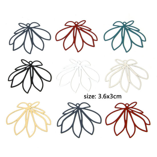 Image de 10 Pcs Pendentifs Estampe en Filigrane en Alliage de Fer Multicolore Feuilles de Fleur Laqué 3.6cm x 3cm