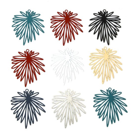 Image de 10 Pcs Pendentifs Estampe en Filigrane en Alliage de Fer Multicolore Feuilles de Fleur Laqué 3.9cm x 3.3cm