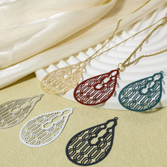 Bild von 10 Stück Eisenlegierung Filigran Stempel Verzierung Anhänger Bunt Tropfen Spritzlackierung 5.2cm x 3.3cm