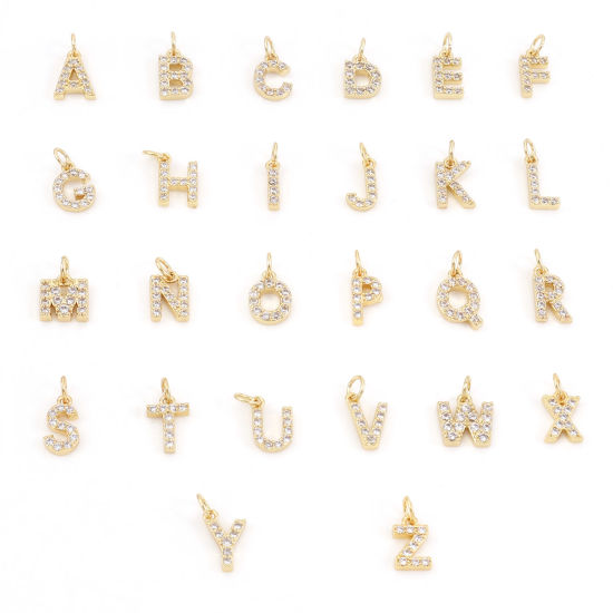 Picture of Brass Charms 18K Real Gold Plated Capital Alphabet/ Letter Message " A-Z " Micro Pave Clear Cubic Zirconia