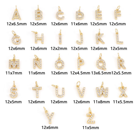 Picture of Brass Charms 18K Real Gold Plated Capital Alphabet/ Letter Message " A-Z " Micro Pave Clear Cubic Zirconia