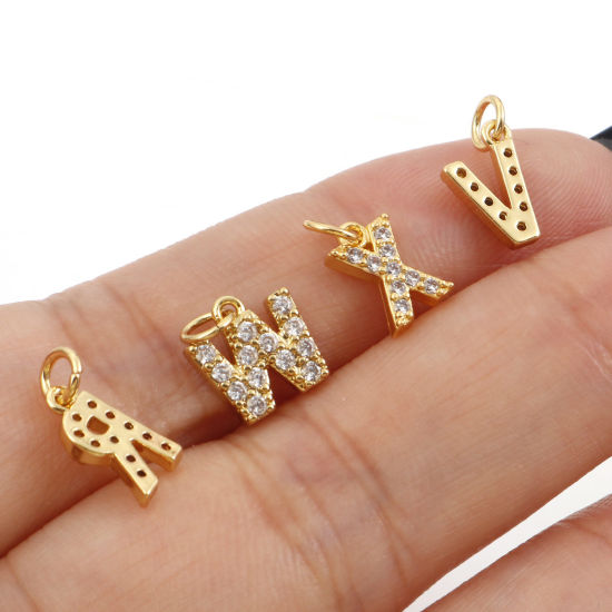 Picture of Brass Charms 18K Real Gold Plated Capital Alphabet/ Letter Message " A-Z " Micro Pave Clear Cubic Zirconia