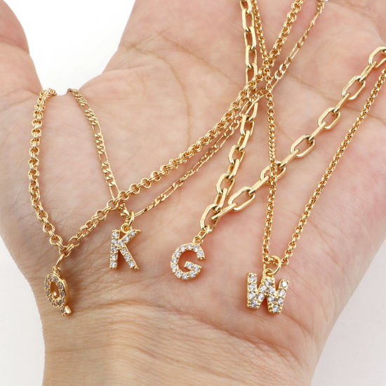 Picture of Brass Charms 18K Real Gold Plated Capital Alphabet/ Letter Message " A-Z " Micro Pave Clear Cubic Zirconia