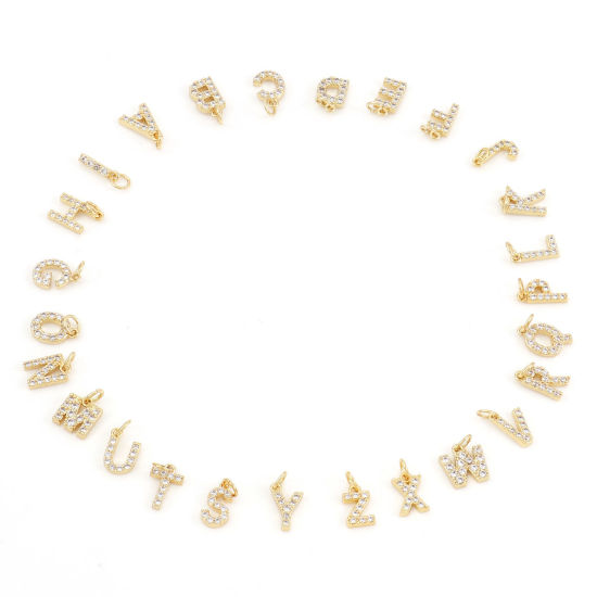 Picture of Brass Charms 18K Real Gold Plated Capital Alphabet/ Letter Message " A-Z " Micro Pave Clear Cubic Zirconia