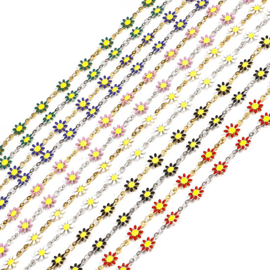 Bild von 1 Meter 304 Edelstahl Handgefertigte Gliederkette Für handgefertigte Schmuckherstellung Gänseblümchen Doppelseitige Emaille 7.5mm