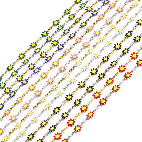Imagen de 1 M 304 Acero Inoxidable Cadena de Eslabones Hechos a Mano Para Accesorios Hechos a Mano para Hacer Joyas Flor de la margarita Esmalte de Doble Cara 7.5mm