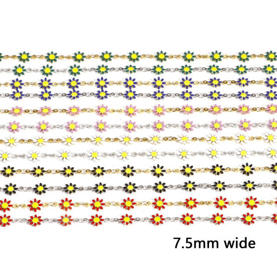 Bild von 1 Meter 304 Edelstahl Handgefertigte Gliederkette Für handgefertigte Schmuckherstellung Gänseblümchen Doppelseitige Emaille 7.5mm