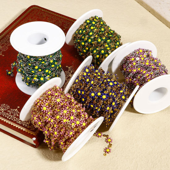 Imagen de 1 M 304 Acero Inoxidable Cadena de Eslabones Hechos a Mano Para Accesorios Hechos a Mano para Hacer Joyas Flor de la margarita Esmalte de Doble Cara 7.5mm