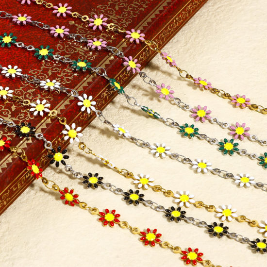 Imagen de 1 M 304 Acero Inoxidable Cadena de Eslabones Hechos a Mano Para Accesorios Hechos a Mano para Hacer Joyas Flor de la margarita Esmalte de Doble Cara 7.5mm
