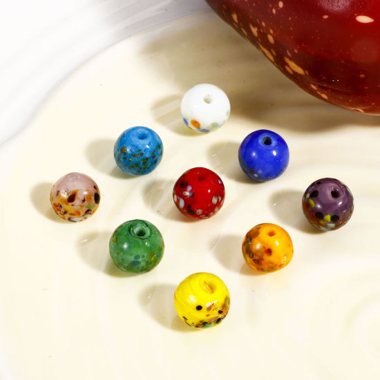 Picture of Lampwork Glass Beads For DIY Jewelry Making Round Multicolor Watercolor About 10mm Dia, Hole: Approx 1.5mm