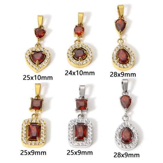 Imagen de 1 Unidad Enchapado al Vacío Ecológico 304 Acero Inoxidable Geométrico Colgantes Charms Oro lleno Micro Pave Rojo Circón Artificial