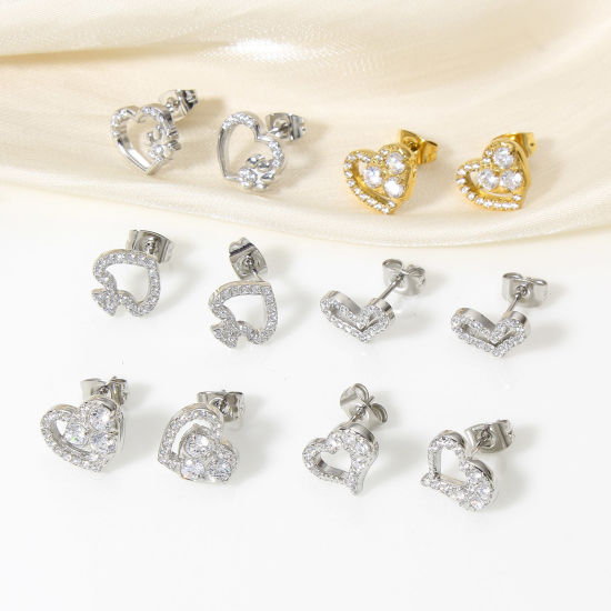 Bild von 304 Stainless Steel Ear Post Stud Earrings Real Gold Plated Heart Clear Cubic Zirconia