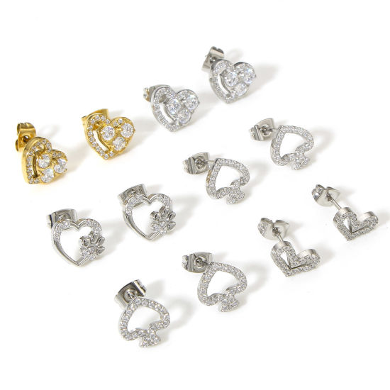Bild von 304 Stainless Steel Ear Post Stud Earrings Real Gold Plated Heart Clear Cubic Zirconia
