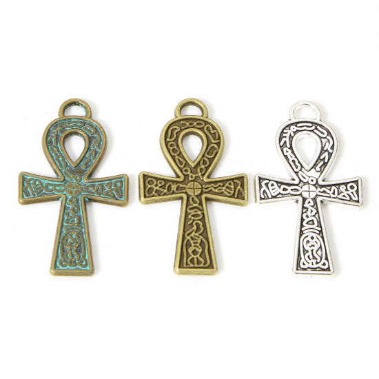 Picture of Zinc Based Alloy Religious Pendants Multicolor Ankh Egyptian Cross Carved Pattern Double Sided 3.7cm x 2.1cm