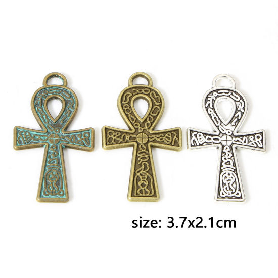 Picture of Zinc Based Alloy Religious Pendants Multicolor Ankh Egyptian Cross Carved Pattern Double Sided 3.7cm x 2.1cm