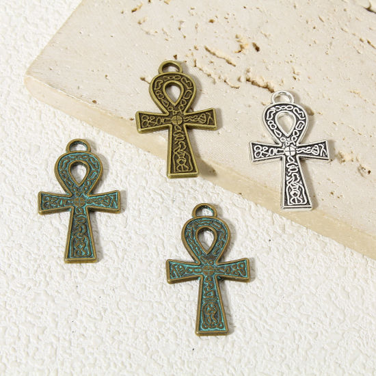 Picture of Zinc Based Alloy Religious Pendants Multicolor Ankh Egyptian Cross Carved Pattern Double Sided 3.7cm x 2.1cm