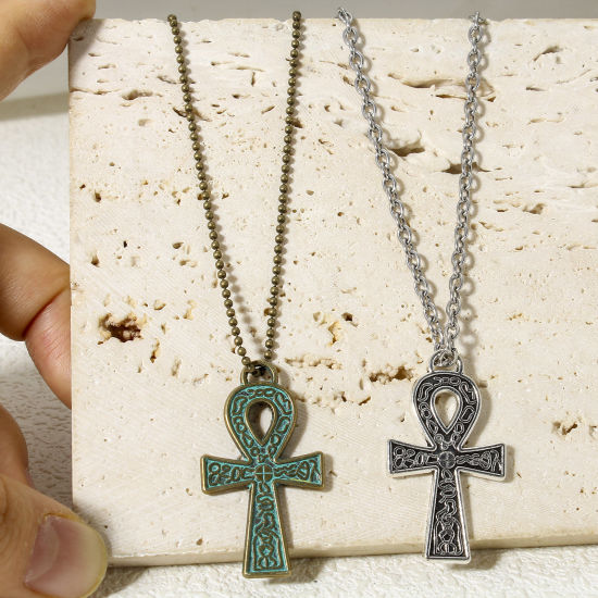 Picture of Zinc Based Alloy Religious Pendants Multicolor Ankh Egyptian Cross Carved Pattern Double Sided 3.7cm x 2.1cm