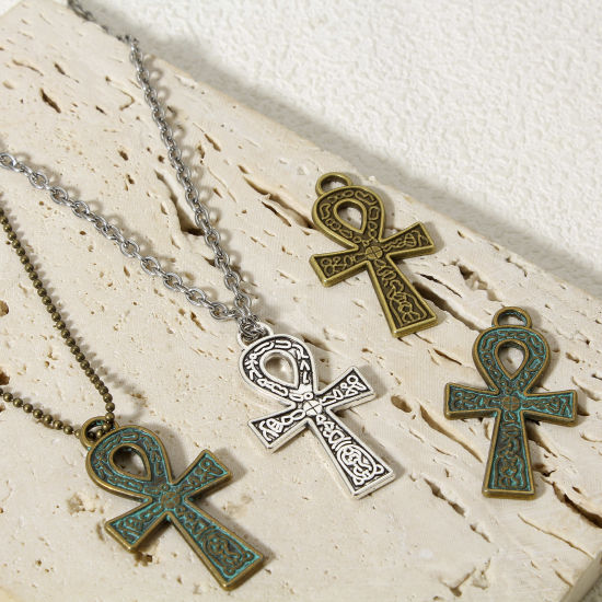 Picture of Zinc Based Alloy Religious Pendants Multicolor Ankh Egyptian Cross Carved Pattern Double Sided 3.7cm x 2.1cm