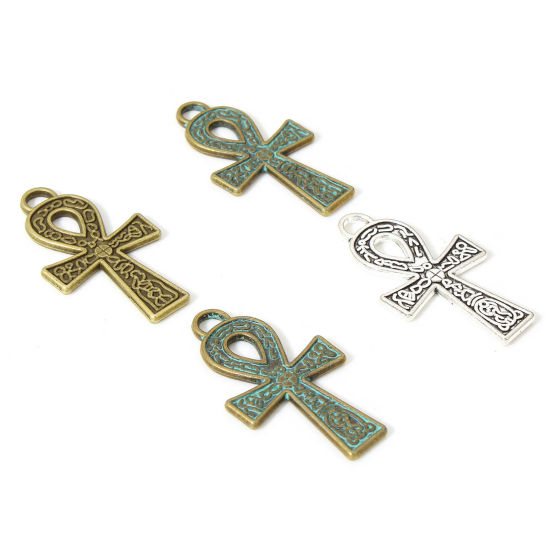 Picture of Zinc Based Alloy Religious Pendants Multicolor Ankh Egyptian Cross Carved Pattern Double Sided 3.7cm x 2.1cm