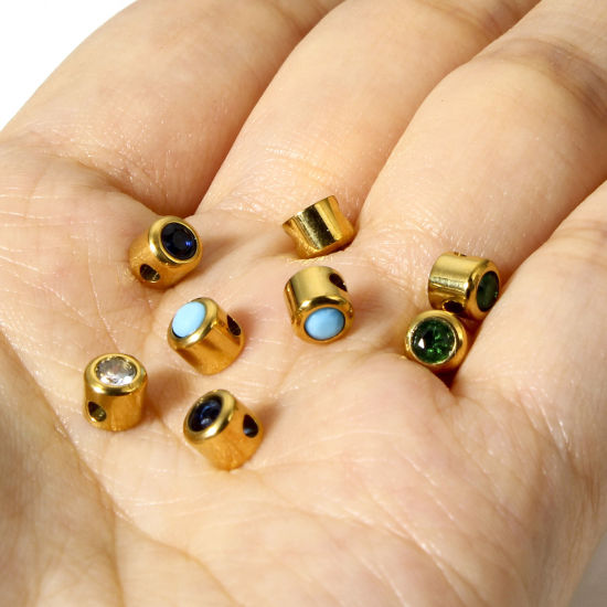 Picture of Eco-friendly Vacuum Plating 304 Stainless Steel Beads For DIY Charm Jewelry Making Flat Round 18K Gold Color Multicolor Rhinestone 5mm Dia., Hole: Approx 1.5mm