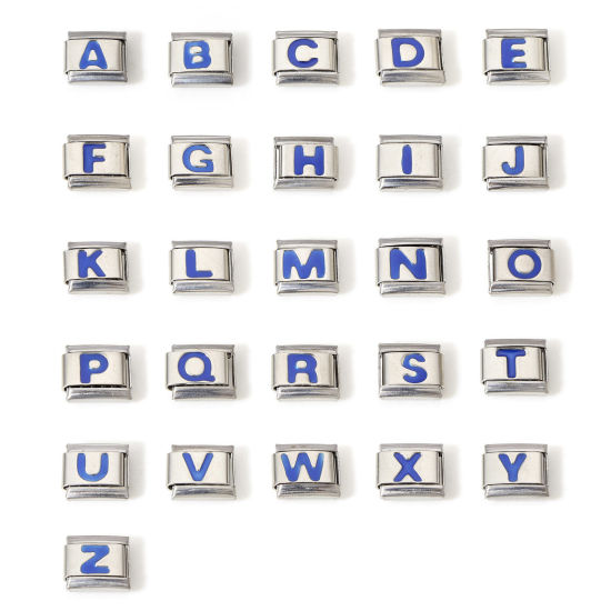 Picture of 304 Stainless Steel Italian Charm Links For DIY Bracelet Jewelry Making Silver Tone Blue Rectangle Initial Alphabet/ Capital Letter Message " A-Z " Enamel 10mm x 9mm