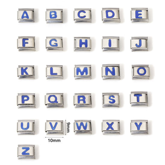 Picture of 304 Stainless Steel Italian Charm Links For DIY Bracelet Jewelry Making Silver Tone Blue Rectangle Initial Alphabet/ Capital Letter Message " A-Z " Enamel 10mm x 9mm