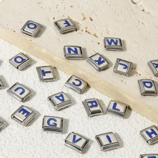 Picture of 304 Stainless Steel Italian Charm Links For DIY Bracelet Jewelry Making Silver Tone Blue Rectangle Initial Alphabet/ Capital Letter Message " A-Z " Enamel 10mm x 9mm