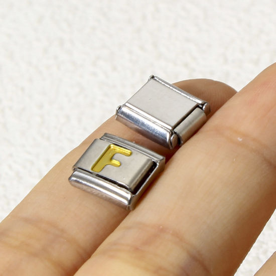 Immagine di 1 Pz 304 Acciaio Inossidabile Bracciale con Charm Italiano a Maglie, Creazione di Gioielli Fai-da-te Tono Argento Oro Rettangolo Lettera Maiuscola Messaggio " A-Z " Smalto 10mm x 9mm