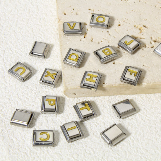 Immagine di 1 Pz 304 Acciaio Inossidabile Bracciale con Charm Italiano a Maglie, Creazione di Gioielli Fai-da-te Tono Argento Oro Rettangolo Lettera Maiuscola Messaggio " A-Z " Smalto 10mm x 9mm