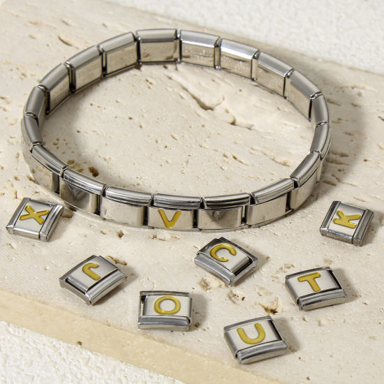 Immagine di 1 Pz 304 Acciaio Inossidabile Bracciale con Charm Italiano a Maglie, Creazione di Gioielli Fai-da-te Tono Argento Oro Rettangolo Lettera Maiuscola Messaggio " A-Z " Smalto 10mm x 9mm