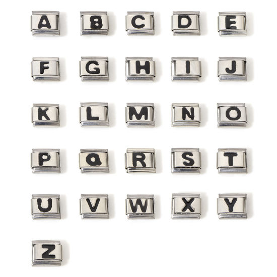 Picture of 304 Stainless Steel Italian Charm Links For DIY Bracelet Jewelry Making Silver Tone Black Rectangle Initial Alphabet/ Capital Letter Message " A-Z " Enamel 10mm x 9mm