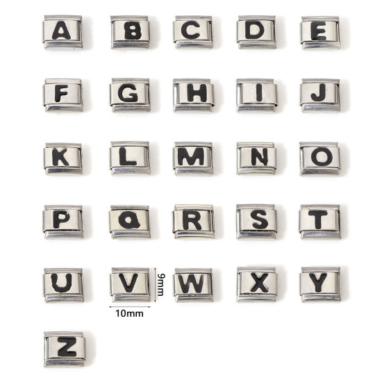 Bild von 1 Stück 304 Edelstahl Charm-Armband mit italienischen Gliedern zur Herstellung von DIY-Schmuck Silberfarbe Schwarz Rechteck Anfangsbuchstabe/ Großbuchstabe Message " A-Z " Emaille 10mm x 9mm