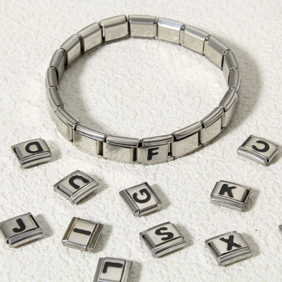 Bild von 1 Stück 304 Edelstahl Charm-Armband mit italienischen Gliedern zur Herstellung von DIY-Schmuck Silberfarbe Schwarz Rechteck Anfangsbuchstabe/ Großbuchstabe Message " A-Z " Emaille 10mm x 9mm