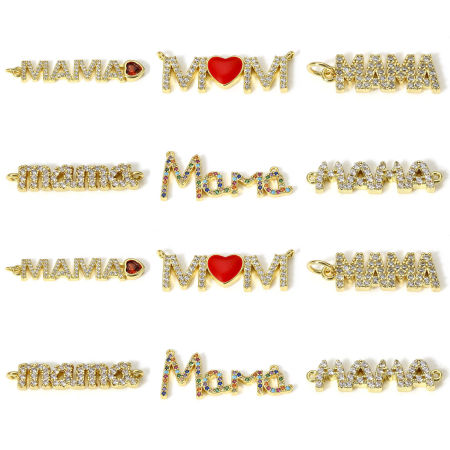 Brass Mother's Day Connectors Charms Pendants 18K Real Gold Plated Micro Pave Clear Cubic Zirconia