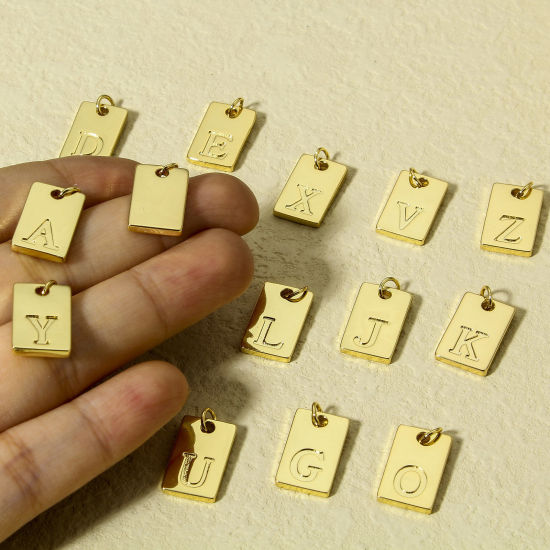 Picture of Brass Charms 18K Real Gold Plated Rectangle Initial Alphabet/ Capital Letter Message " A-Z " 19mm x 10mm                                                                                                                                                      