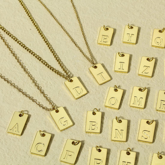 Picture of Brass Charms 18K Real Gold Plated Rectangle Initial Alphabet/ Capital Letter Message " A-Z " 19mm x 10mm                                                                                                                                                      