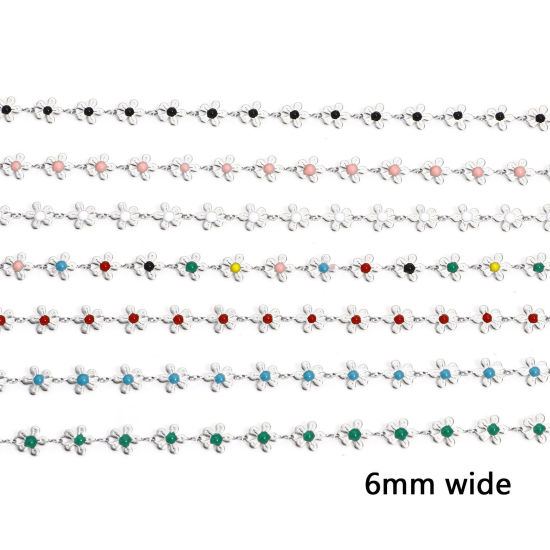 Picture of 304 Stainless Steel Handmade Link Chain For Handmade DIY Jewelry Making Findings Flower Silver Tone 6mm