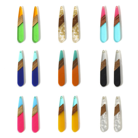 Image de 5 Pcs Pendentifs Résine à Effet de Bois Naturel Multicolore Goutte d'Eau 4.4cm x 0.8cm