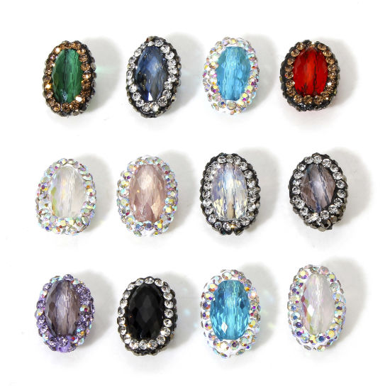 Picture of Glass Beads For DIY Charm Jewelry Making Oval Multicolor Rhinestone About 17mm x 12mm, Hole: Approx 0.5mm